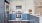 kitchen with blue and white cupboards and white counters